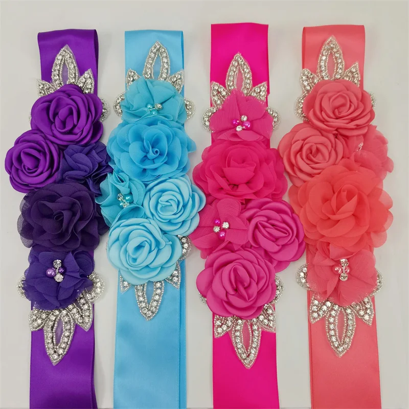 Wedding Accessories Bridal Wedding Belts Satin Flower Rhinestone Dress Belt Sash Woman Girl Pink Red Blue Ribbon Girdle