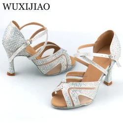 WUXIJIAO Shining Latin Dance Shoes Women Salas Ballroom Dance Shoes Pearl High Heel 9cm Waltz Software Shoes Selling Hot