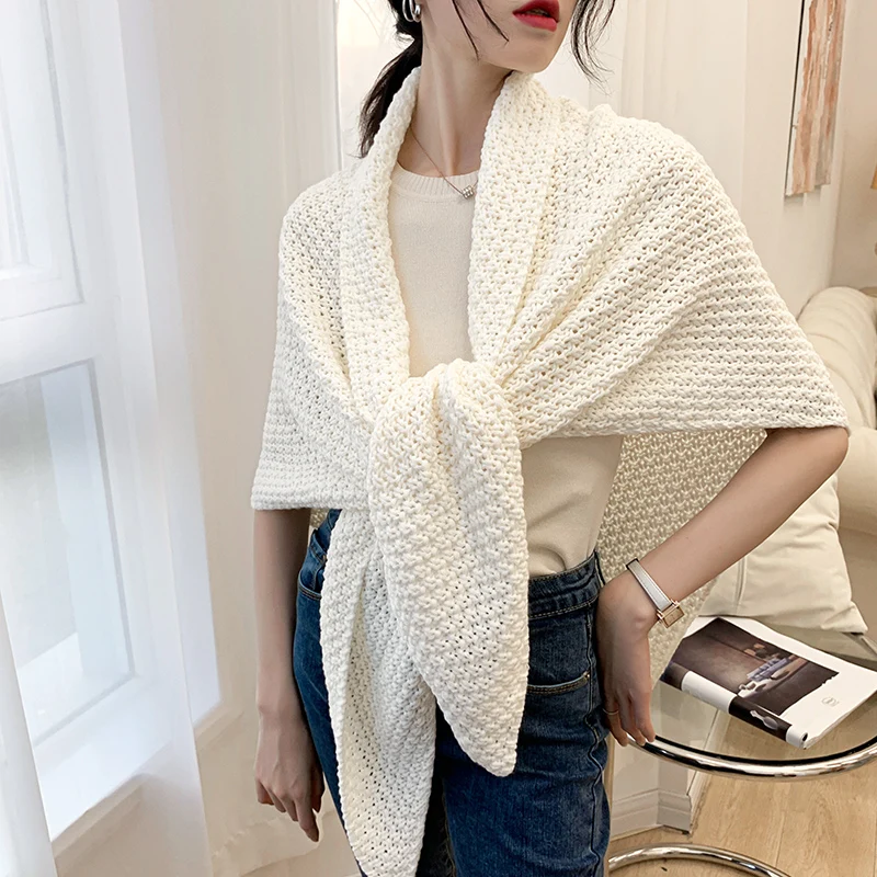 Women's Korean-Style Knitted Wool Triangular Binder Scarf Winter Thicken Thermal Shawl Autumn Outerwear Dual-Use Scarf Detacha