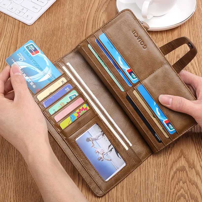 

2021New Luxury Brand Men Wallet with Zipper Buckle Long Wallet Retro Hand Phone Bag Multi-card Position Solid Color Coin Purse