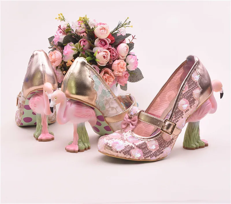 Flamingo High Heel Pumps Women Pink Weding Shoes Bridal Round Toe Slim Shallow Flower Print Bling Sequins Zapatos De Mujer