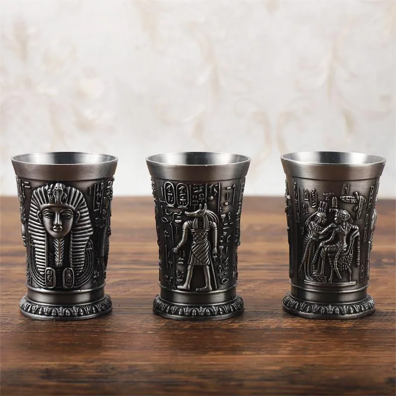 1pcs Egypt Myth Retro Copper Cup Bronze 3D Relief Wine Liquor Spirits Shot Glass Cleopatra Rameses Ra Shot Antique Glasses