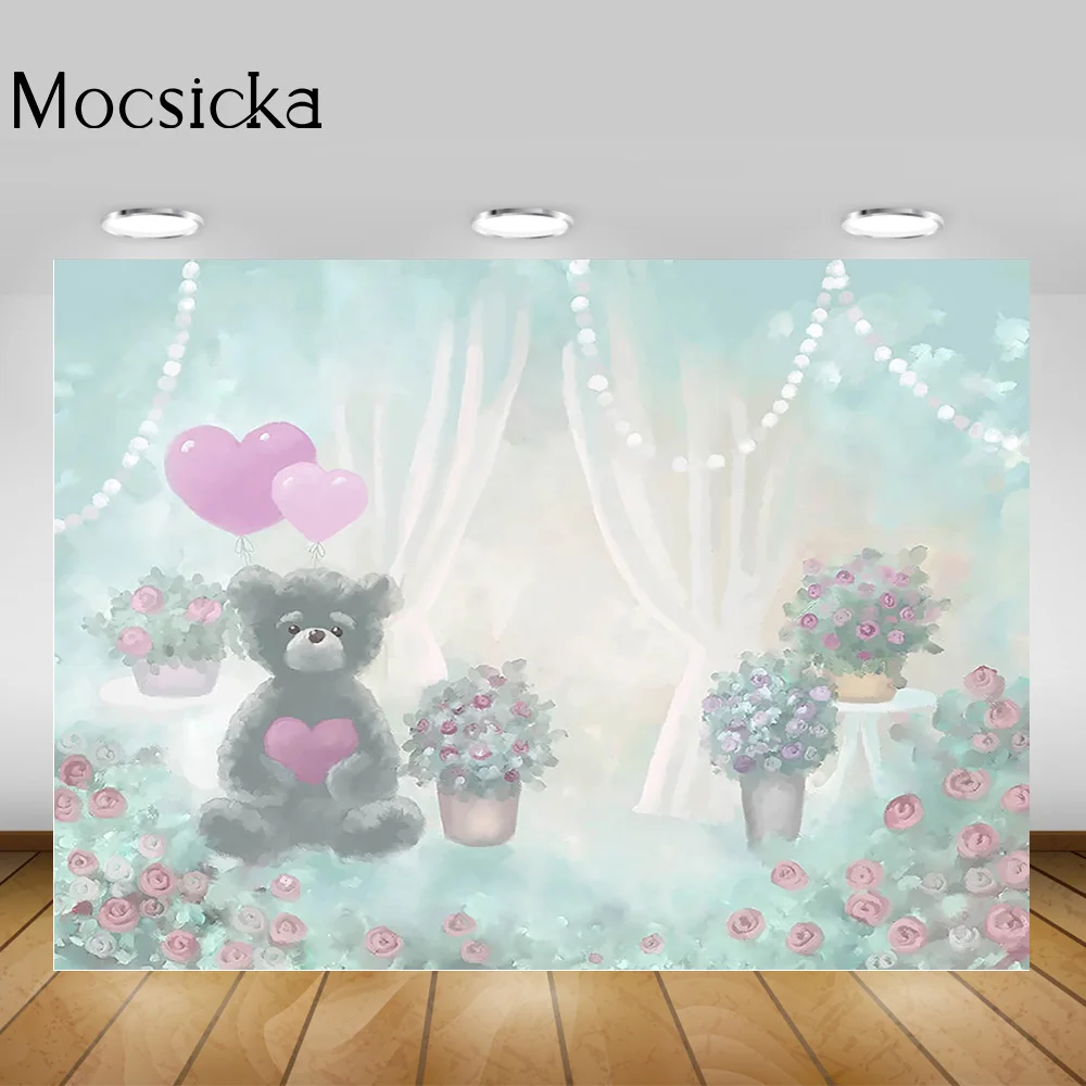 Lễ Tình Nhân Chụp Ảnh Gấu Hoa Tình Yêu Chân Dung Phông Nền Hoa Sơn Dầu Trẻ Em Sinh Nhật Nền Trắng Màn