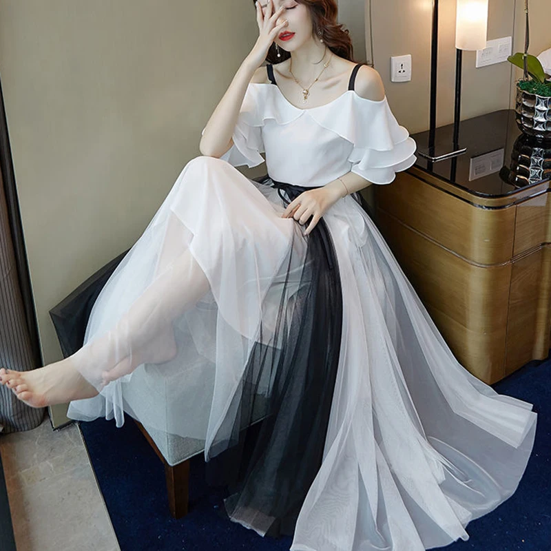 New Chiffon Off-the-shoulder White Top+black And White Stitching Long Pleated Tulle Skirts Two Piece Set High Waist Mesh Skirts