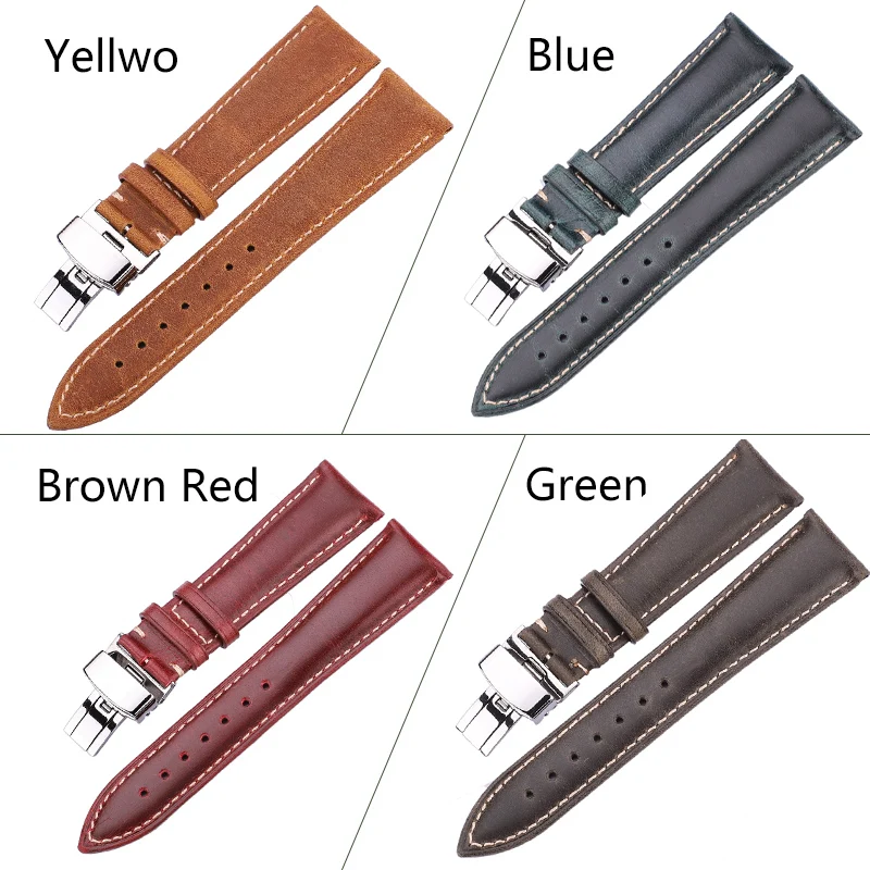 Oil Wax Cowhide Watchbands 18mm 20mm 22mm 24mm Blue Yellow Green Women Men Genuine Leather Watch Band Strap Belt Butterfly clasp