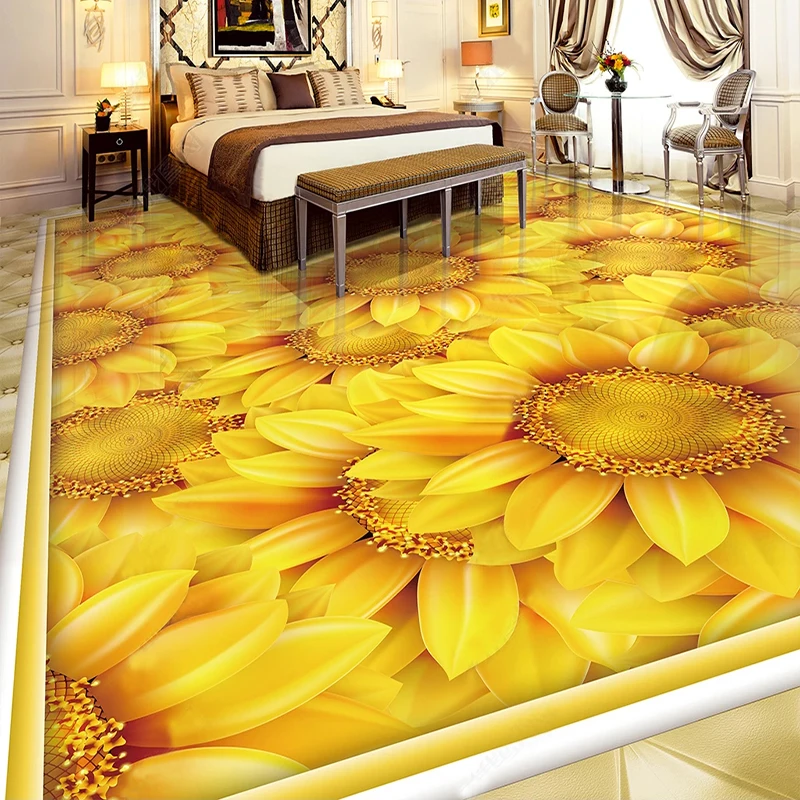 Custom Self-Adhesive Floor Wallpaper Modern Sunflower Plant Flower 3D Floor Tiles Mural Living Room Bedroom Home Decor Stickers