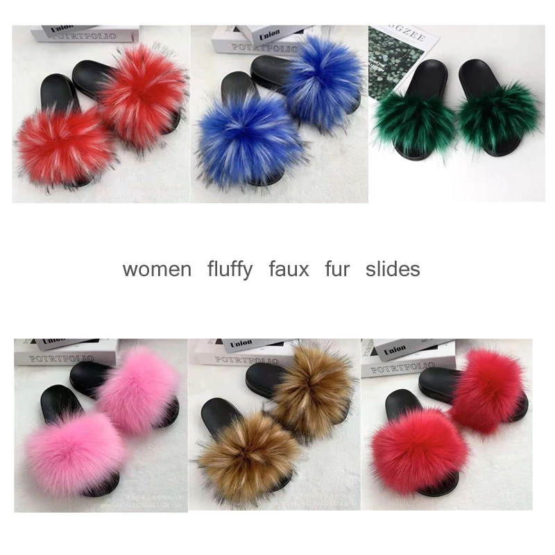 Fashion Black Slides Sandals Girls Fluffy Slippers Faux Fur Slippers Women Rainbow Slippers Home Warm Shoes Plush Flip Flops