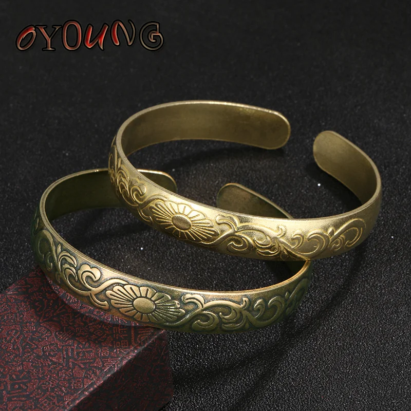 Retro Brass Plum Bossom Pattern Bangle Classic Pure Copper Open Bracelet Ancient Women Wristband Decor Valentine's Day Gifts