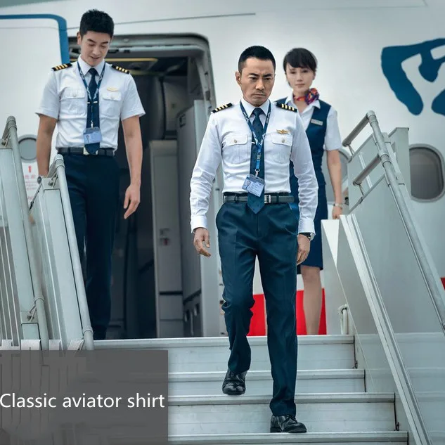Mens Pilot Uniform Spring Autumn White Long Short Sleeves Shirt High Quality Business Shirts Aviation Captain Costume