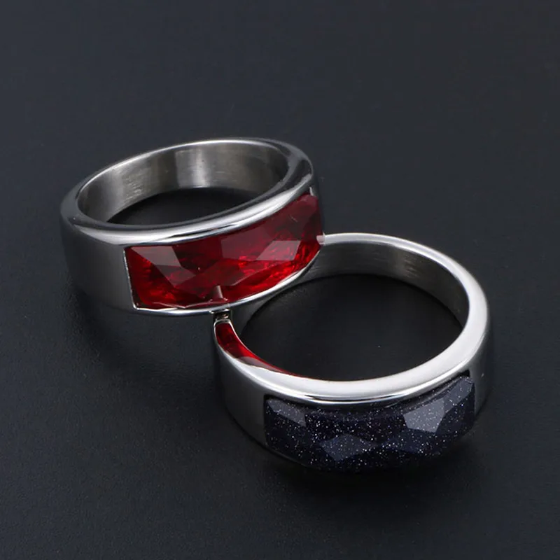 Trendy Red Purple Sands Agate Gemstones Ruby Crystal Concise Rings Men Women Titanium Stainless Steel Cool Finger Band Jewelry