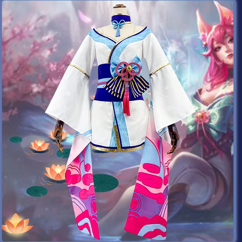 Espírito flor ahri jogo lol cosplay traje quimono japonês anime lolita vestido ahri cosplay adereços raposa cocar meias conjunto