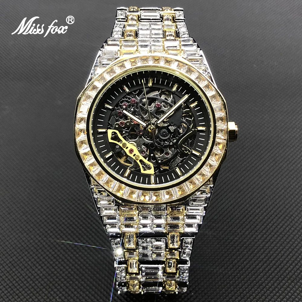 MISSFOX Hip Hop Mechanical Mens Watches Luxury Iced Out Stainless Steel Automatic Wristwatch For Men Jewelry Relógio masculino