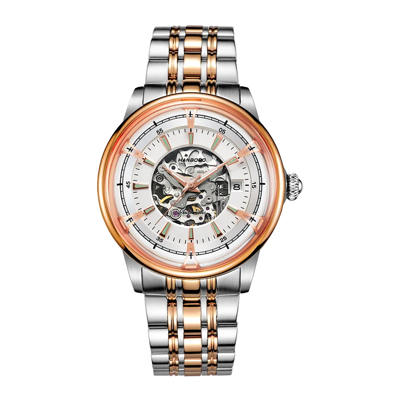 

HANBORO Men Automatic Watch Luxury Male Watches Business Mechanical Wristwatches Luminous Waterproof Steel Strap Skeleton Dial