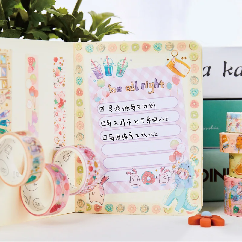 Juego de cintas Washi kawaii, bonitas pegatinas de papel de aluminio, Bloc de notas y papelería, Kit de suministros escolares, cinta adhesiva DIY,