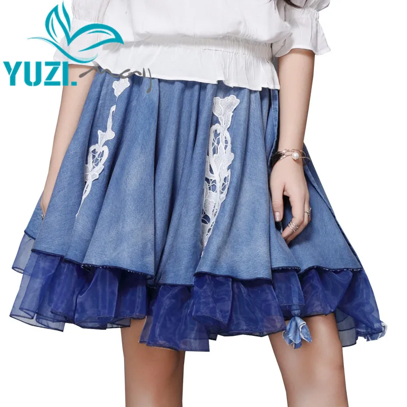 Skirts Womens 2020 Yuzi.may Boho New Denim Women Skirt Organza Patchwork Flower Embroidery Elastic Saias X2232 Saia Feminina