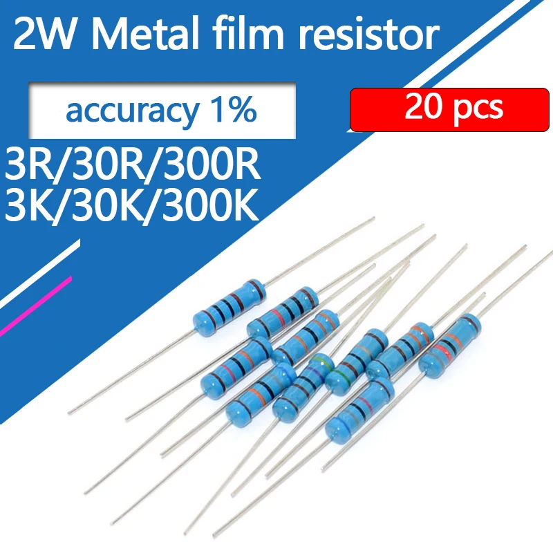 Resistencia de película metálica de 2W, 3R, 30R, 300R, 3K, 30K, 300K, 3, 30, 300 Ohm, precisión del 1%, resistencia de anillo de cinco colores, 0.1R-910, 20 unidades