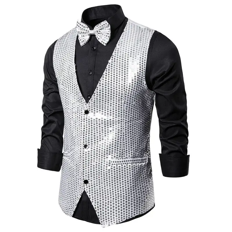 New Design Men Sequins Pattern Glitter Embellished V-neck Blazer Vest Male Evening Party Suits Plus Size hot - Image 8