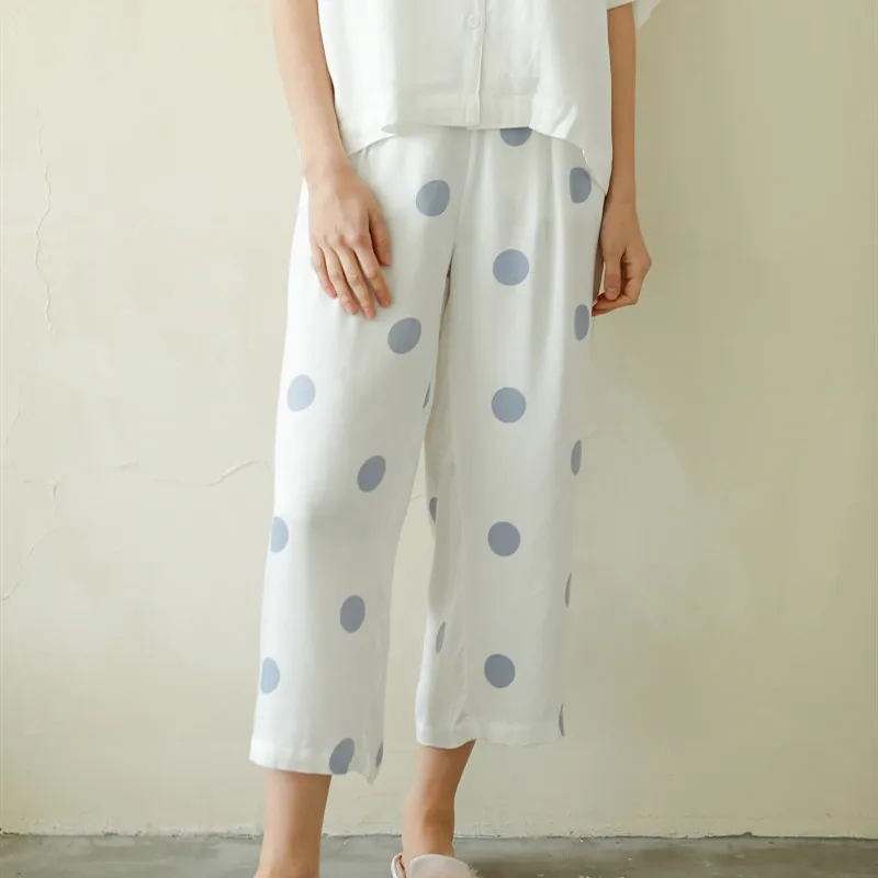 Summer Casual 100% Viscose Women\'s White Short Sleeve Pajama Sets Blue Dot Ankle-Length Pants Loose Comfortable Sleepwear Suits