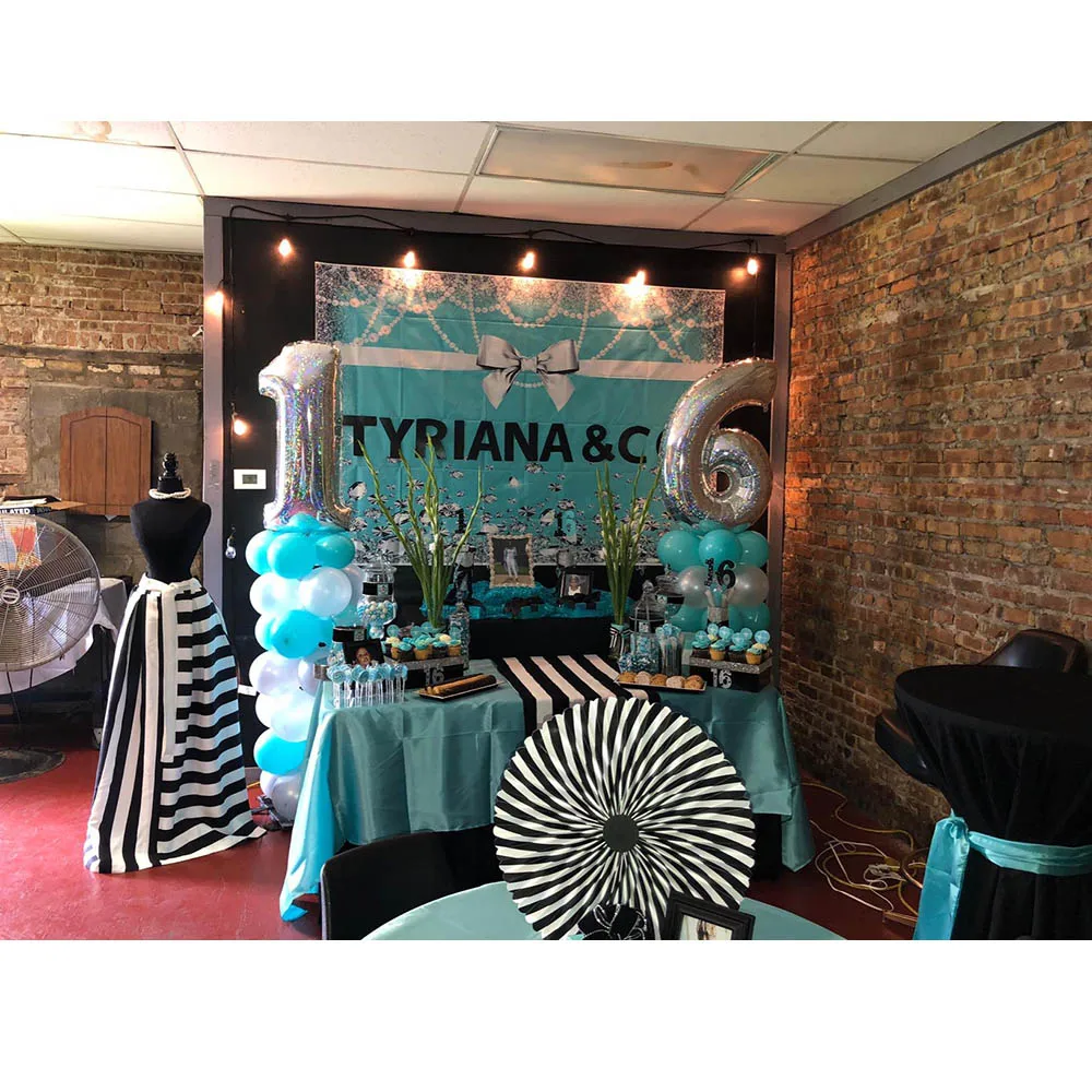 Turquoise and Silver Birthday Party Backdrop Photography Girl Sweet 16th Blue Banner Cake Table Decor Props Photo Booth Supplies