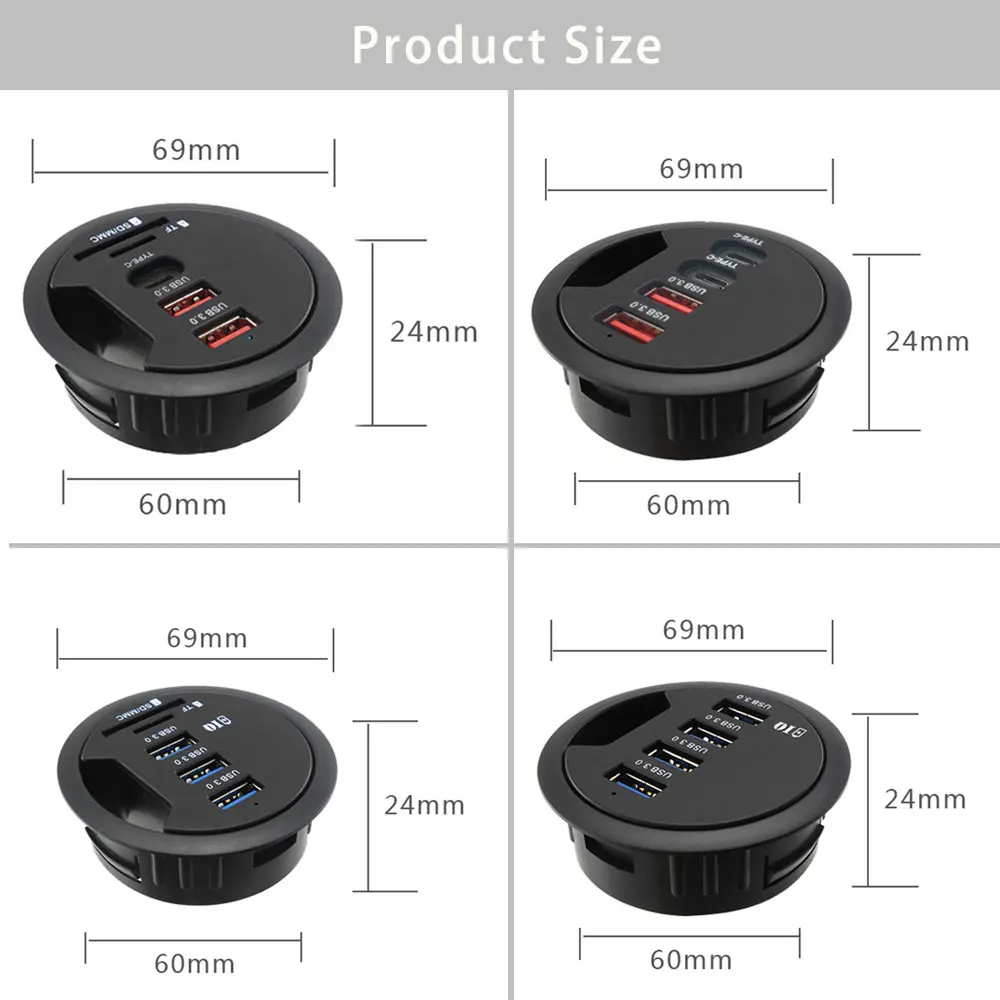 USB HUB Mount In Desk HUBs USB 3.0/2.0 HUB With SD/TF Card Reader External Stereo Sound Type C Port For PC/Tablet USB Splitter