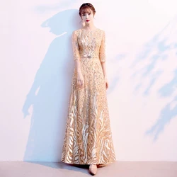 Customized Gold Long Evening Dress Elegant Robe De Soiree Zipper Women Party Dresses Plus Size O Neck Sequin Formal Gowns