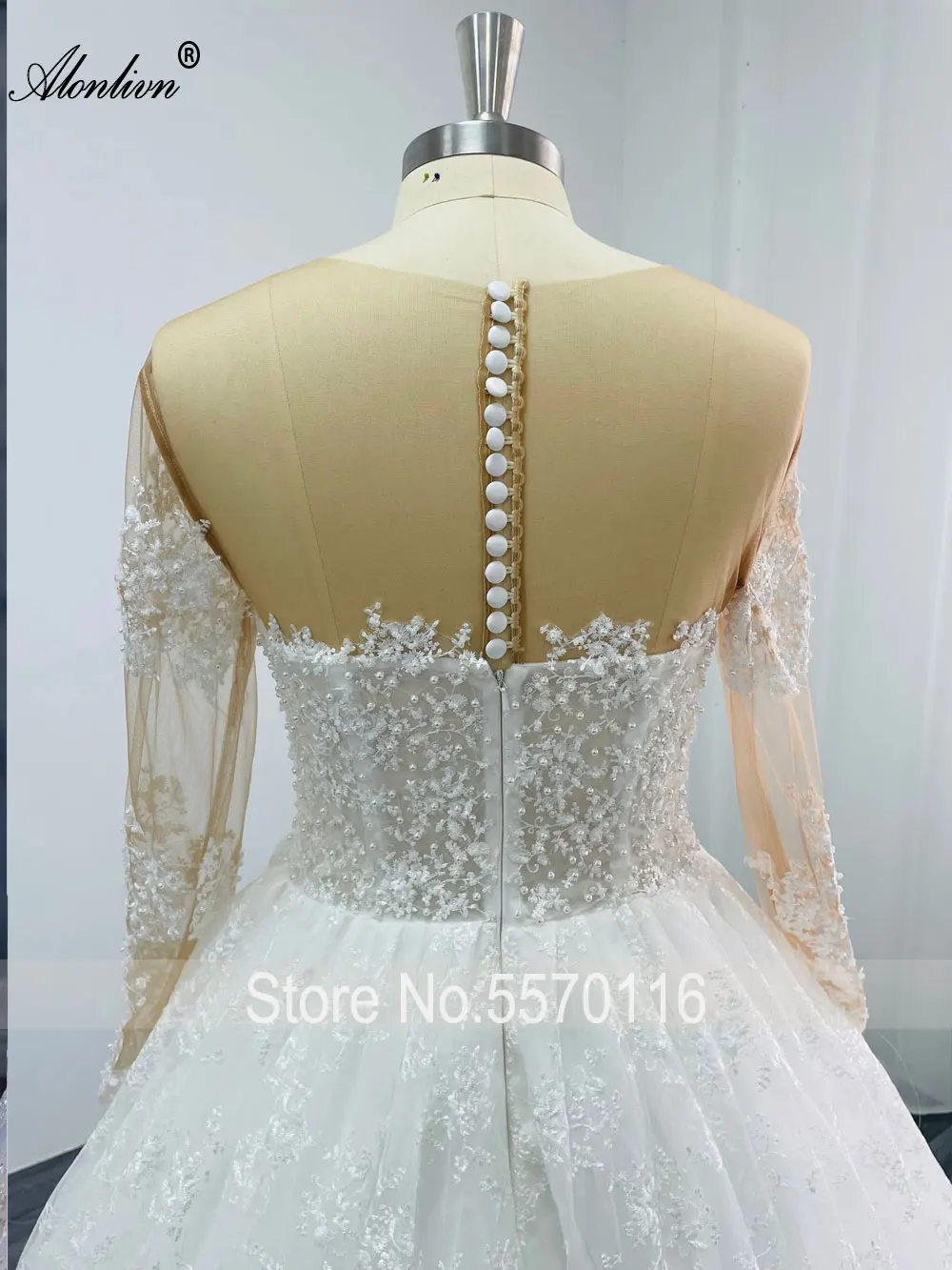 Alonlivn elegante laço de seda de decote em v manga cheia uma linha vestido de casamento miçangas pérolas pele marrom vestidos de noiva