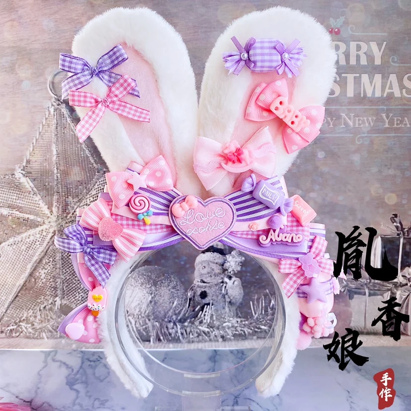 

Original hand-made Lolita rabbit ear kcLolita sweet headband sweet plaid strawberry