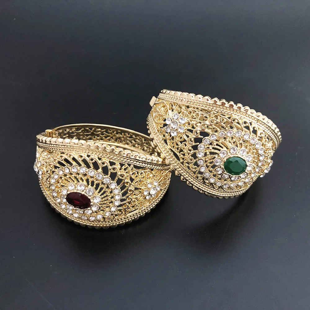 Morocco Wedding Rhnistones Bangle For Women Gold Color DUbai Ladies Flower Cuff Jewelry Round Stone Ethnic Bracelet Pattern 2019