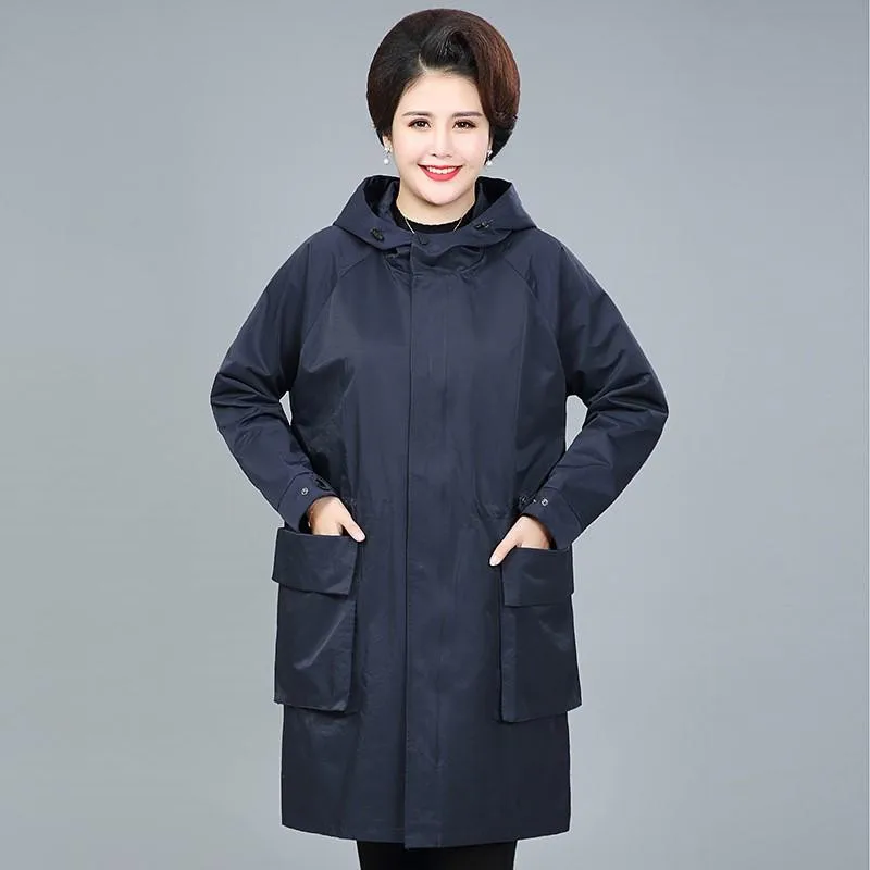 

2020 Large Siz 4XL Spring Autumn Women's Trench Coat Cotton Outerwear Casual Top Middle aged Mom Hooded Windbreaker Overcoat 430