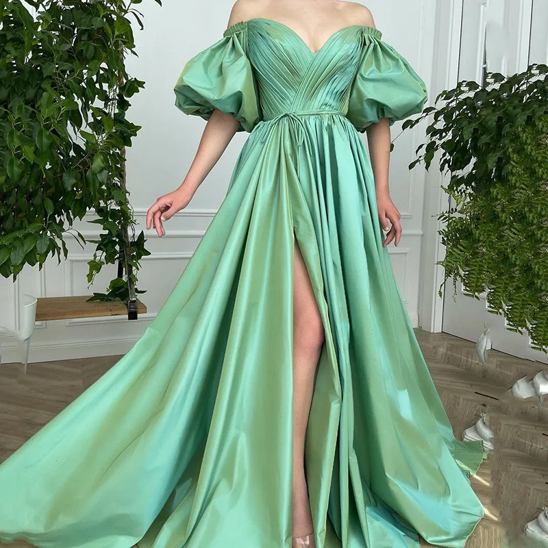 Green Satin Long Evening Dresses Women Couture Sweetheart Puff Short Sleeve Prom Gowns Split Side Party Wear Vestido de Festa