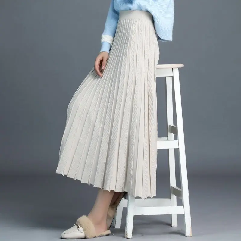 Thickened Knitting Skirt Autumn and Winter Women\'s Pleated Skirt Long A- line Skirt Woman Skirts Mujer Faldas Saias Mulher