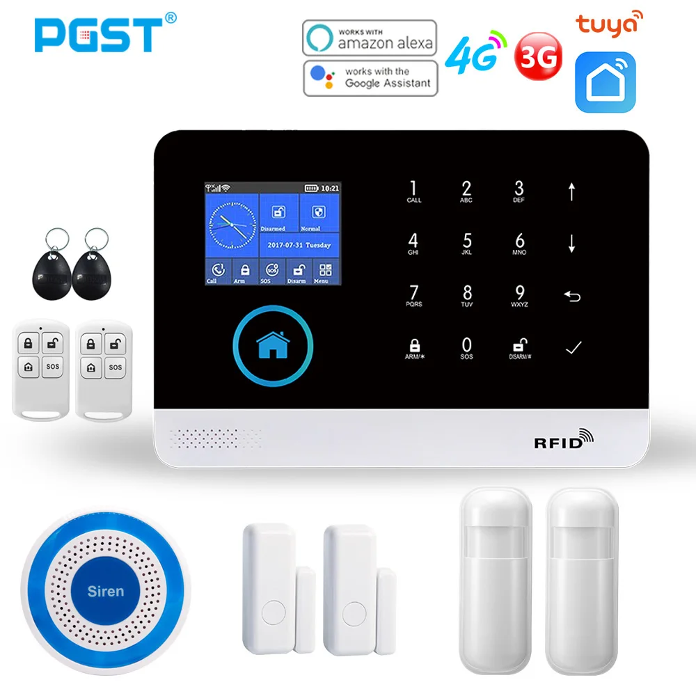 PGST PG103 4G 3G GSM Alarm System for Home Security Alarm with Solar Wireless Siren Smart Home Kit Tuya Smart Life  APP Control