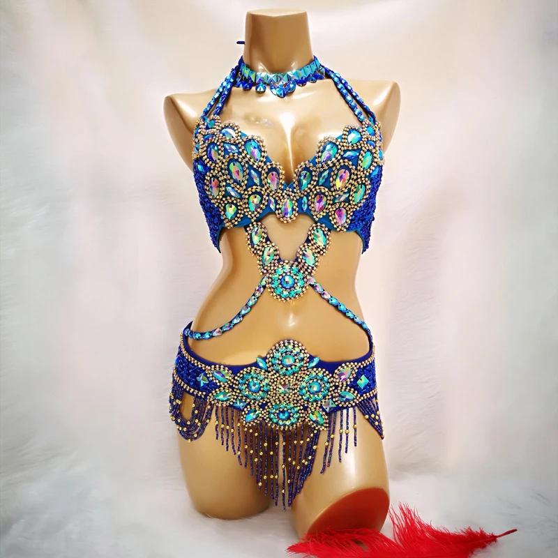 Cristal dança do ventre samba traje usar sutiã + cinto 3pc conjunto sexy feminino gogo biquíni terno bellydance biquinis