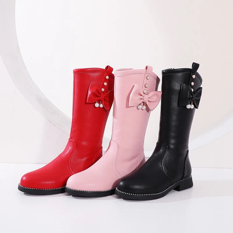 Girls Boots Warm Fashion Boot Children Winter Shoes For Girls Snow Boots PU Leather Zip Bow-knot Sweet women shoe size 28-39 711