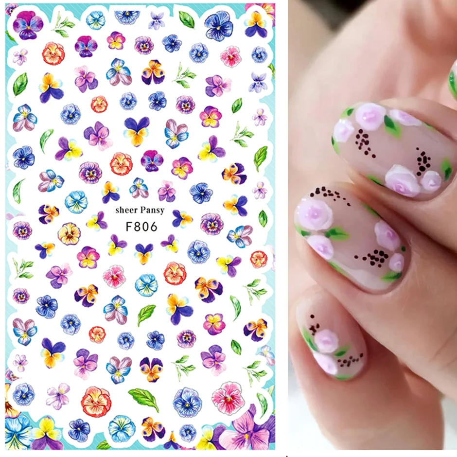 1pc 3D Charms Flower Leaf Nail Art Stickers Watercolor Sakura Geometry Line Spring Decor Sliders Manicuring Accessories GLF802