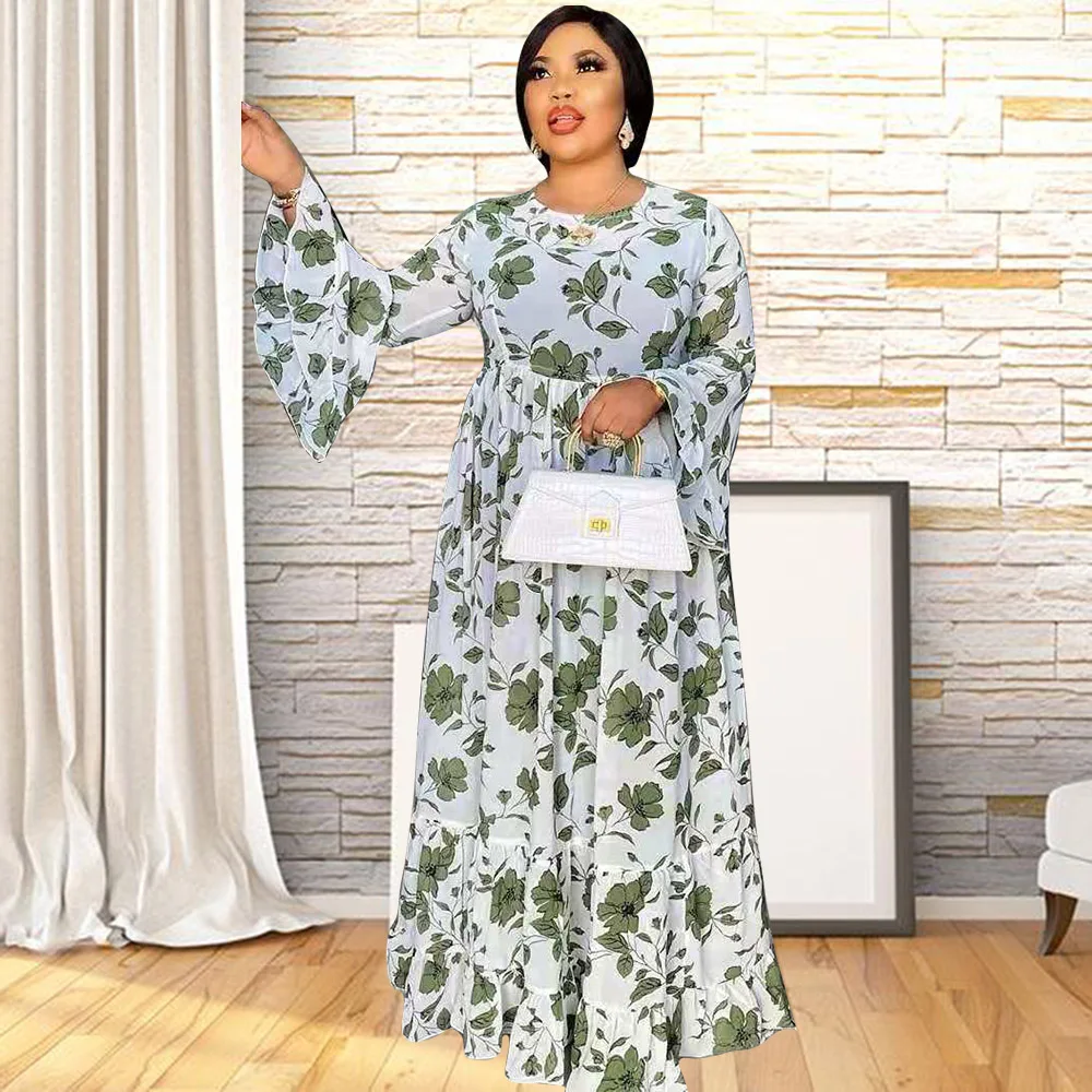 Spring Chiffon Long Flare Sleeve African Dresses For Women Fashion Green Floral Printed Africaine Robe Maxi Dress