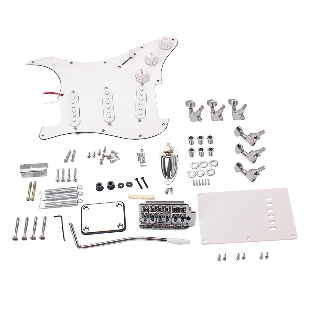 White Electric Guitar Tremolo Bridge System with 11 Holes Pickguard SSS Pickup, Back Plate, 1/4inch Jack Socket