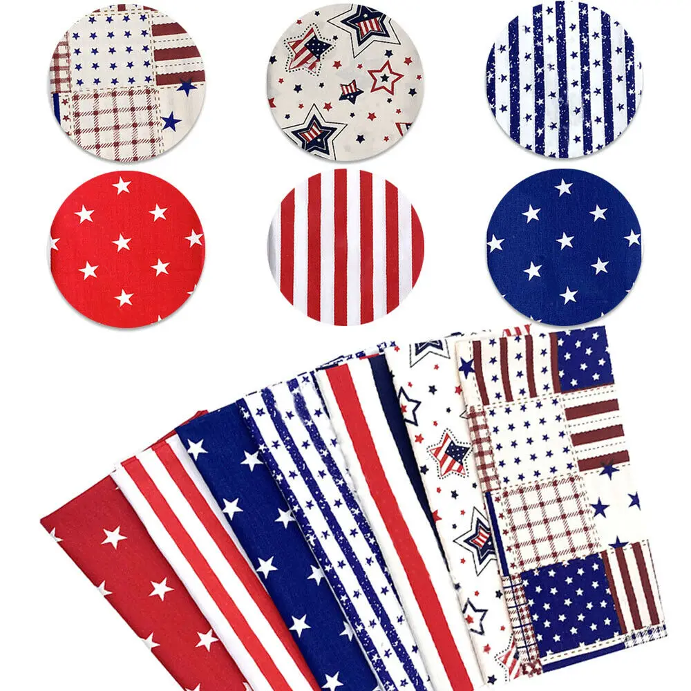Picture 7: 7Pcs/set Stars Stripe Printed American Flag Style 100% Cotton Twill Fabric Square Patchwork Home Textile Cloth Group Diy Sewing