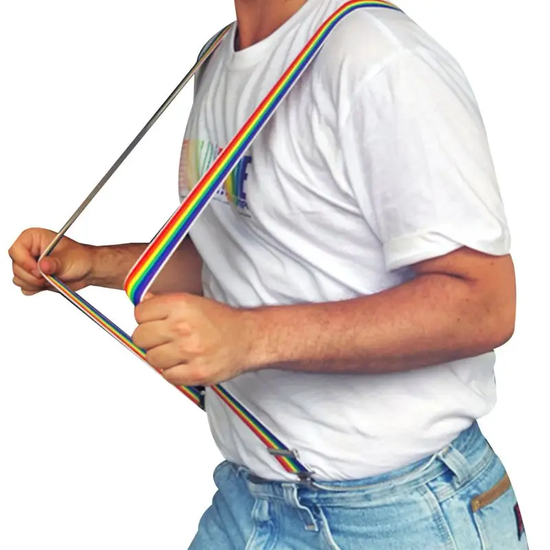 Men Wide Adjustable Straps Y-Back Suspenders Rainbow Colorful Vertical Striped Elastic Belt with Strong Metal Clips