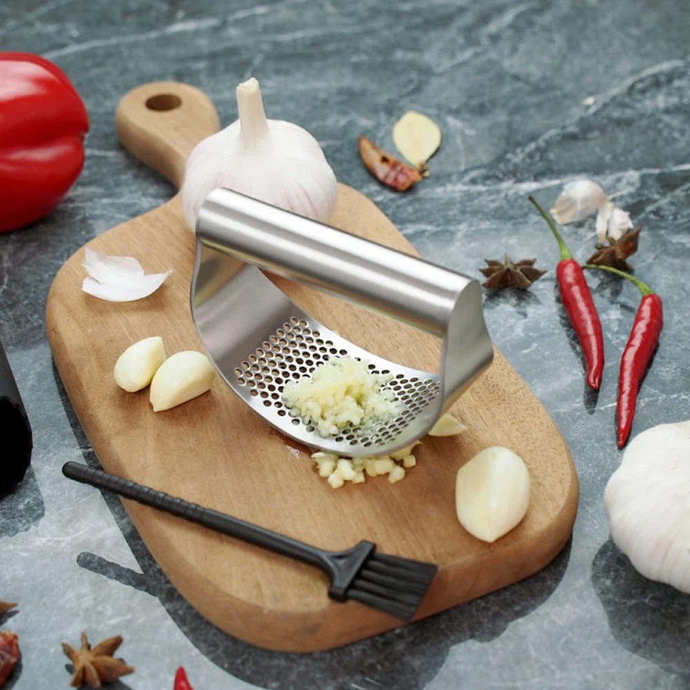 

Manual Garlic Press Silver Chopping Durable Easy Clean Stainless Steel Crusher Curved With Brush Tools Grinding Mincer Dropship