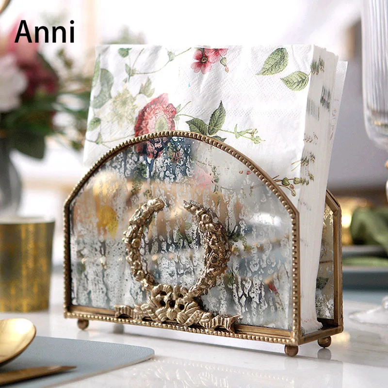 European Vintage Paper Towel Holder Creativity Carved Brass Glass Napkin Holder Dining Table Decorative Ornament Home Decoration