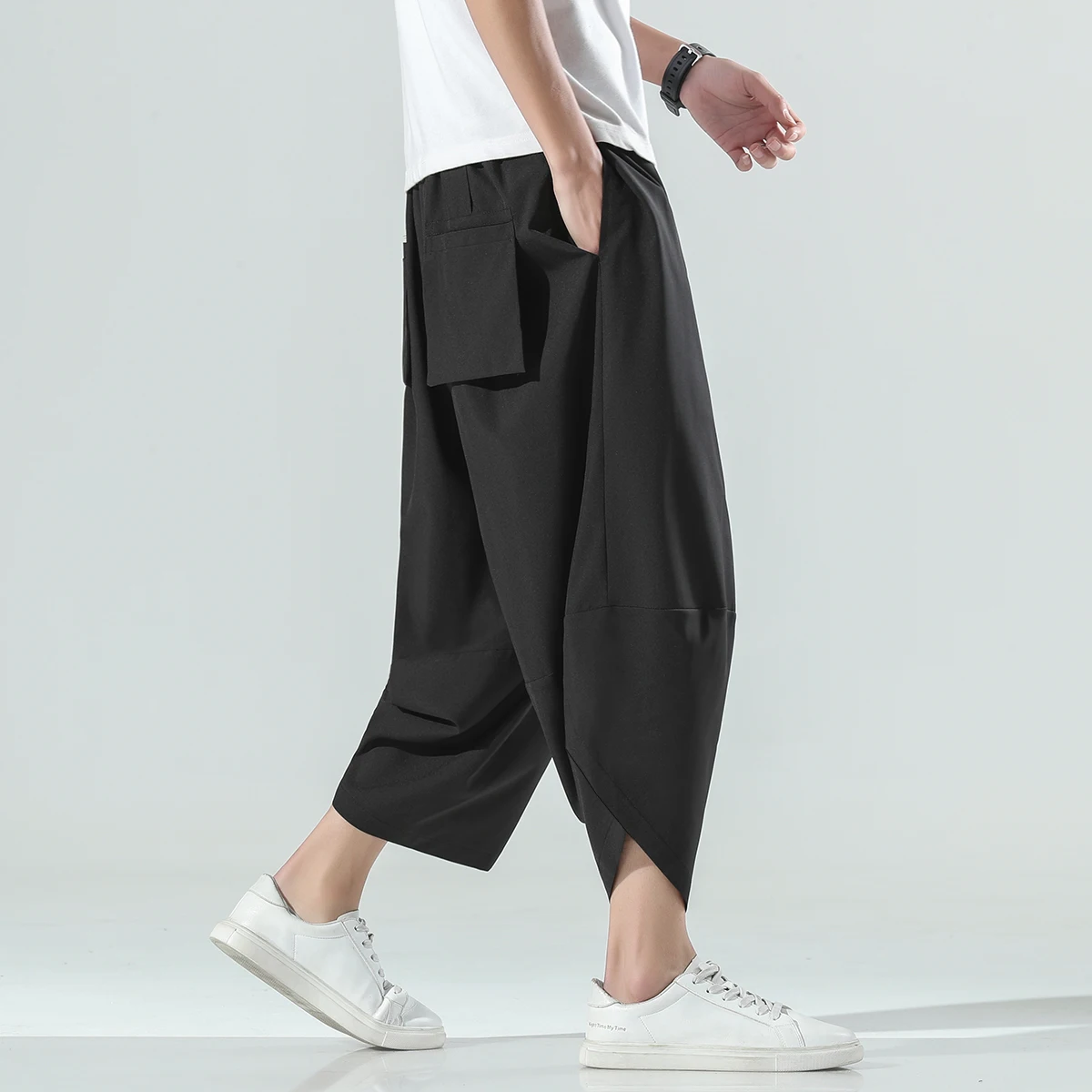 Pantalones bombachos sueltos y finos de talla grande para hombre, ropa de calle japonesa, pantalones deportivos recortados, bombachos Harajuku, primavera y verano, 2021