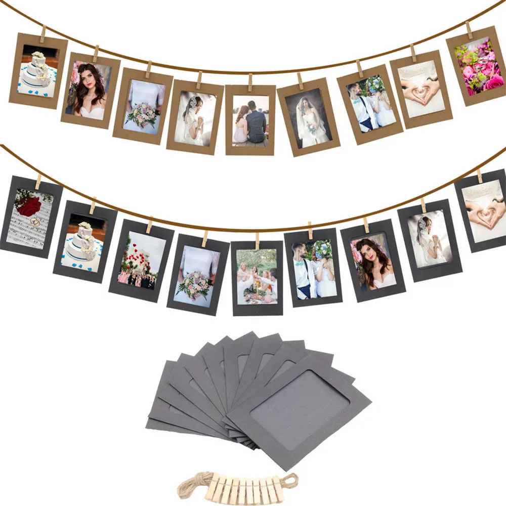 10 Pcs Combination Paper Frame with Clips DIY Kraft Paper Picture Frame Hanging Wall Photos Album 2M Rope Home Decoration Craft