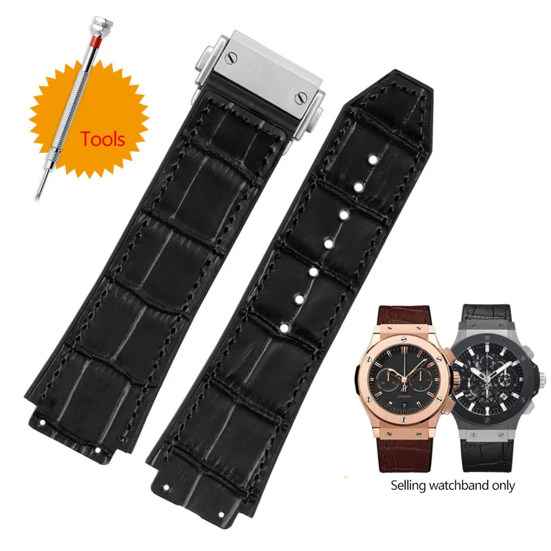 26*19mm Brown Black New Real Cow Leather + Rubber Watch Band For Hublot Strap BIG BANG Watchband Stainless Buckle Free Tools Men