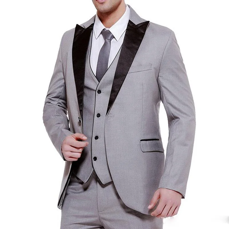 3 Pieces Gray Business Party Men Suits Groom Wear 2021 Classic Black Peaked Lapel Wedding Groom Tuxedos (Jacket + Vest+Pants)
