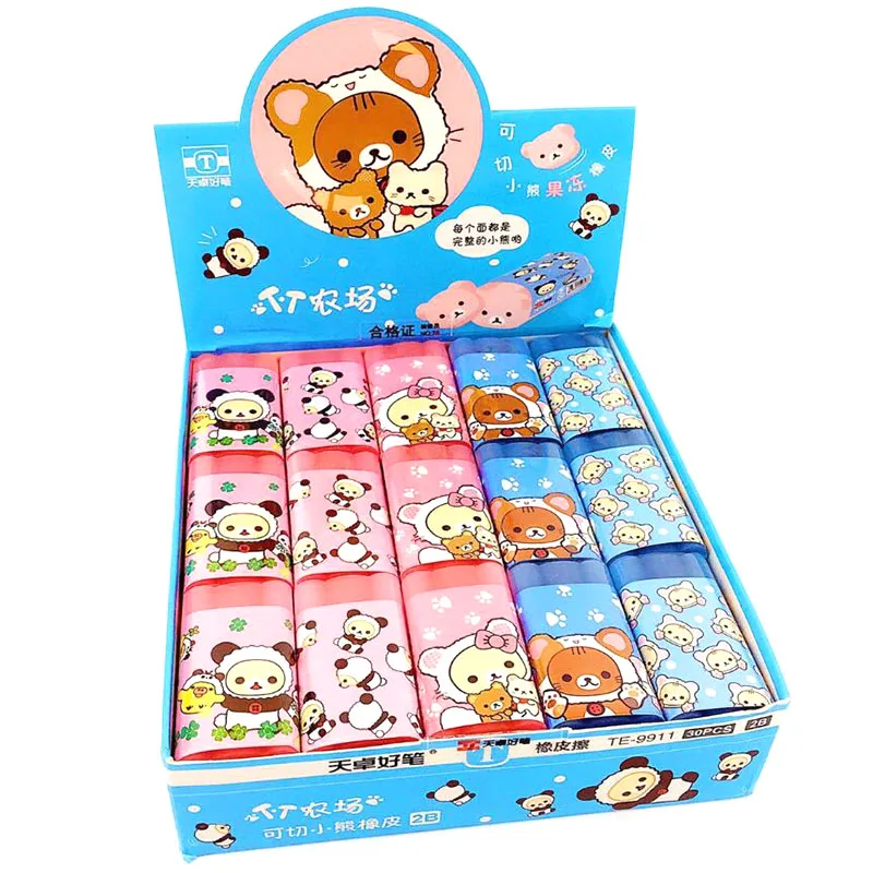 30 pcs/lot Cartoon Bear Sliced Eraser Cute Writing Drawing Rubber Pencil Erasers Stationery For Kids Gifts school suppies