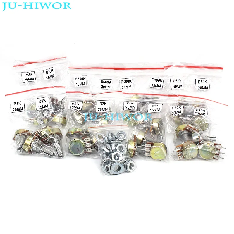 

(32pcs/lot) Single Rotary Potentiometer kit B1K B2K B5K B10K B20K B50K B100K B500K B1M Pots 15MM 20MM Shaft Each 2Pcs