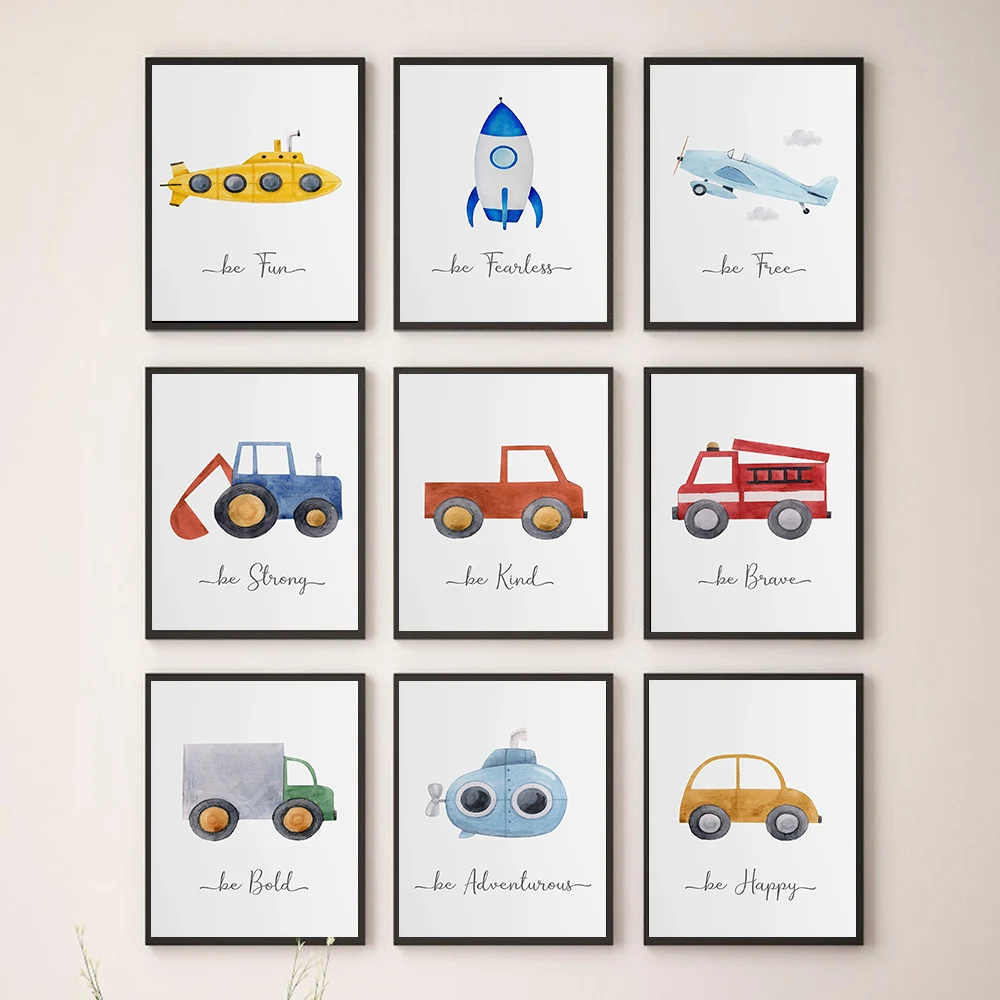 Cartoon Engineering Vehicle Aircraft Decorative Picture Poster Be Brave Be Strong Kindergarten Canvas Painting Wall Art Boy Room