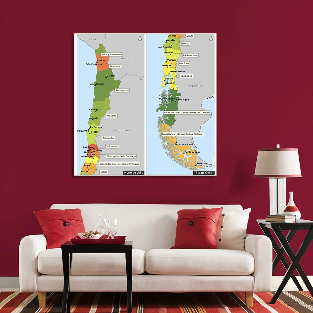 Mapa político do chilena em espanhol, pôster de lona não tecido, 150*150cm, decoração para sala de aula, material escolar