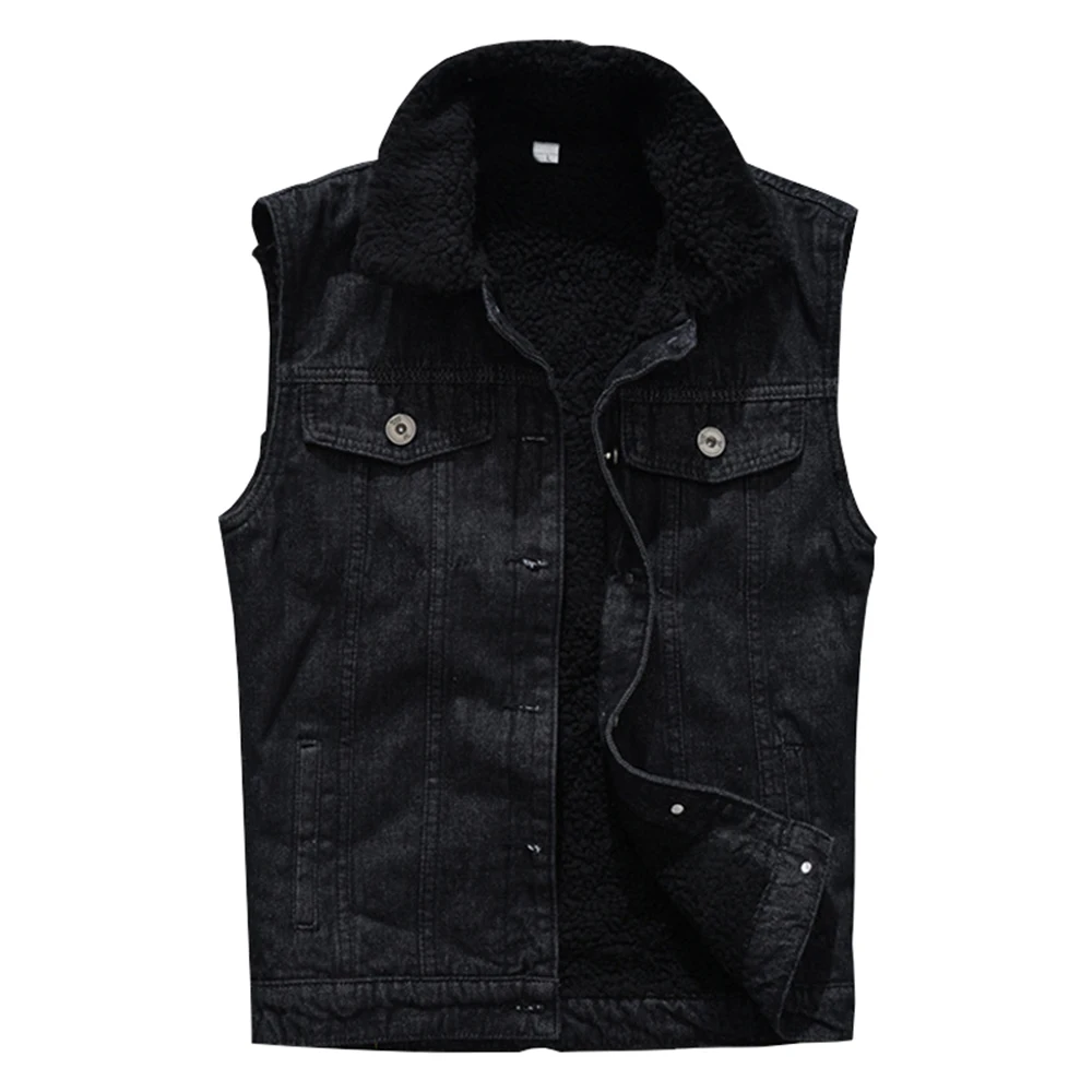 

Men's Winter Fleece Warm Denim Vest Black Jean Waistcoat Sleeveless Slim Fit Tank Top